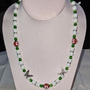 Green & White Beaded Necklace with Red Flower Accents